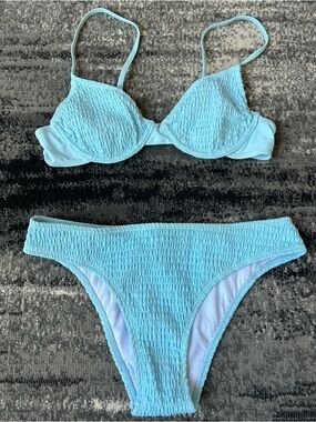 AMAZON Baby Blue Smocked Bikini With Silver Clasp
